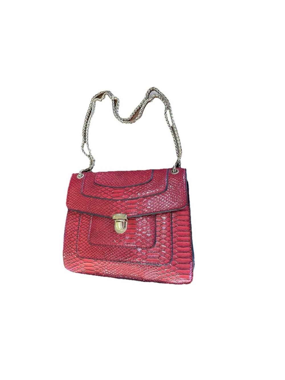 Red Faux Snake Reptile Multi Pocket Satchel Handbag Purse